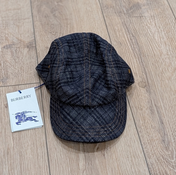 $390 Mens Burberry Denim Check Baseball Cap Hat Indigo Large